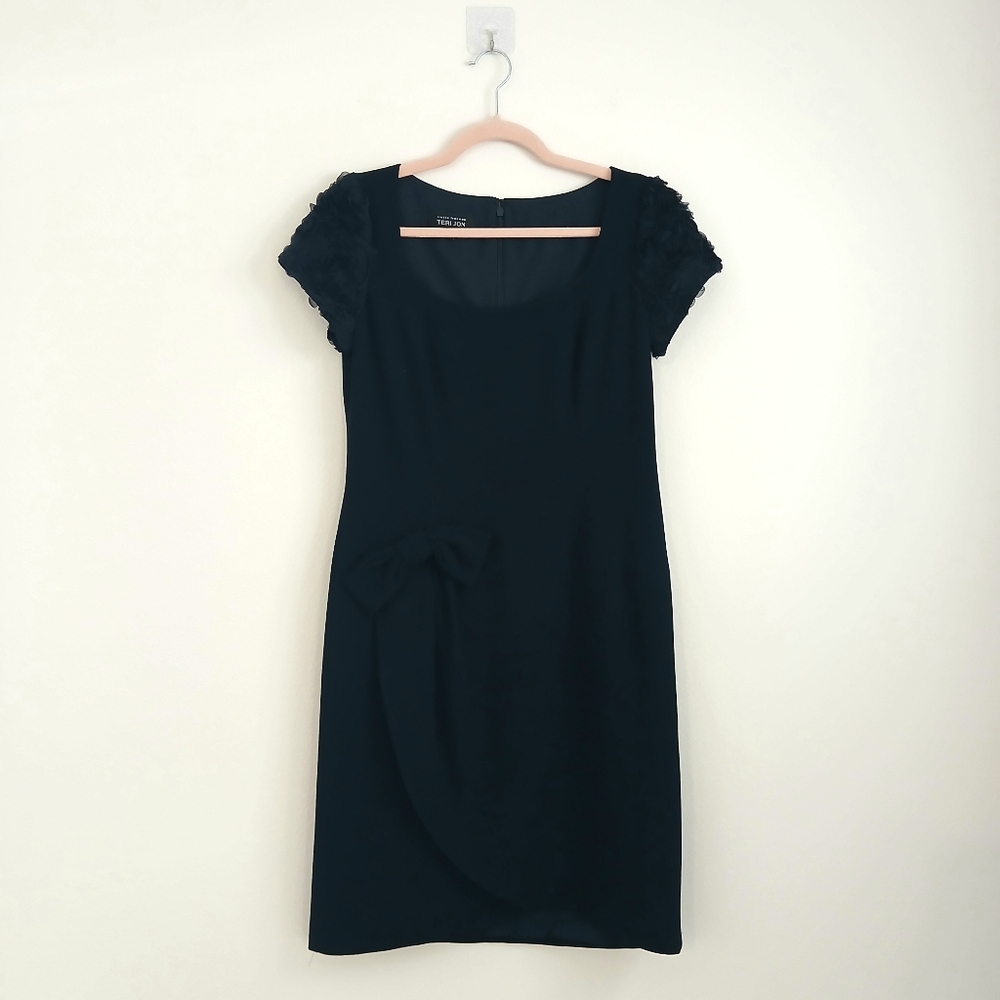 Rickie Freeman Teri Jon Bow Cap Sleeve Navy Sheath Dress